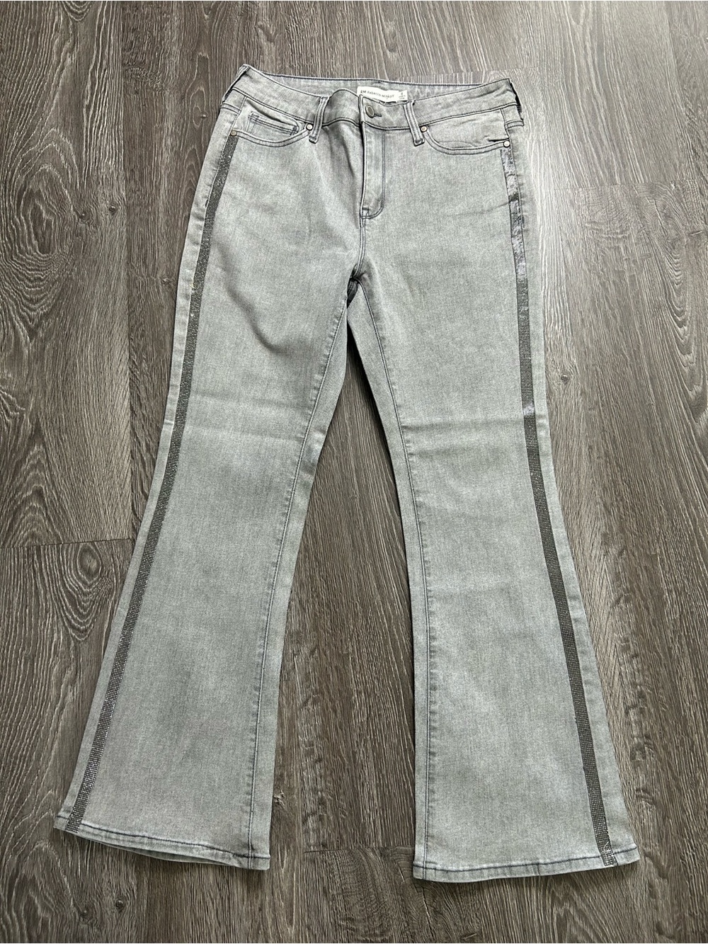 Rebecca Minkoff Light Gray Flare Jeans with a dark gray metallic Side Stripes